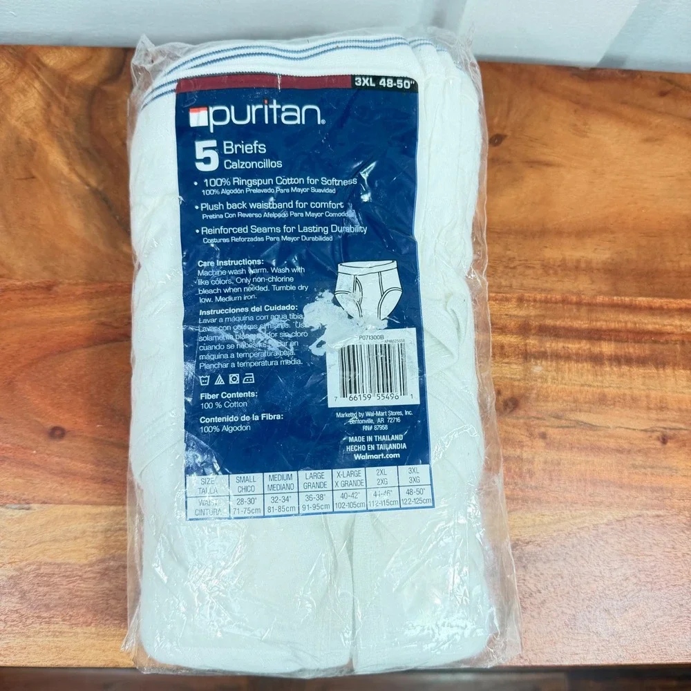 VTG Puritan Mens Briefs Underwear 5 Pk Size 3XL Tighty Whities Briefs Cotton NEW